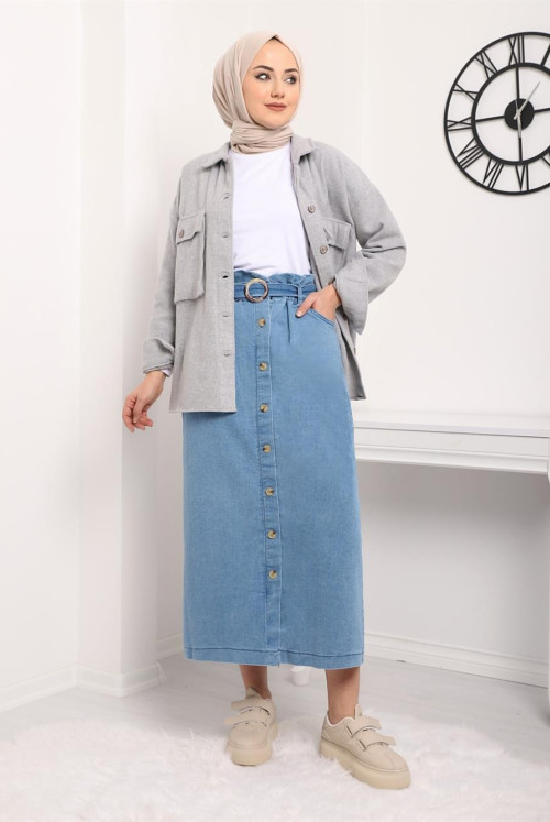 from end Button Buckle Jeans Skirt -Blue