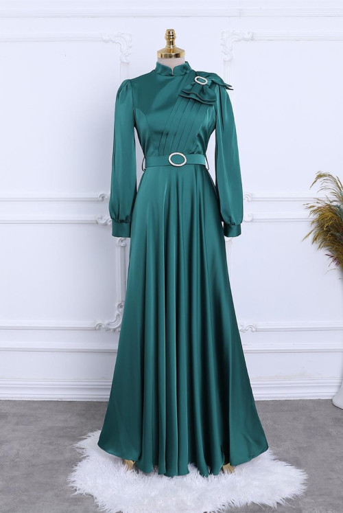 Broşlu Bow stony Arched Satin Evening Dress -Emerald