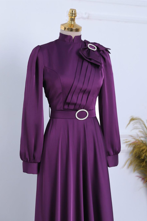 Broşlu Bow stony Arched Satin Evening Dress -Purple