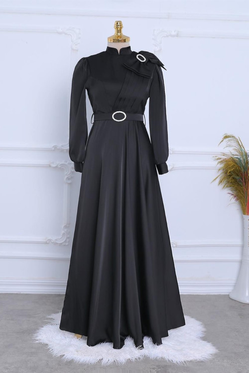 Broşlu Bow stony Arched Satin Evening Dress -Black