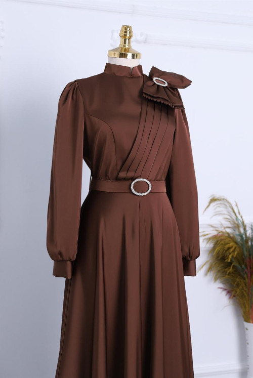 Broşlu Bow stony Arched Satin Evening Dress -Brown