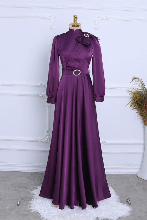 Broşlu Bow stony Arched Satin Evening Dress -Purple