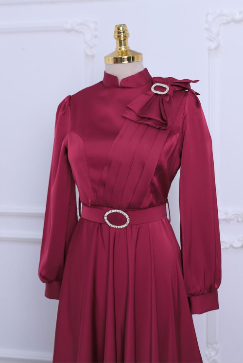 Broşlu Bow stony Arched Satin Evening Dress -Claret Red
