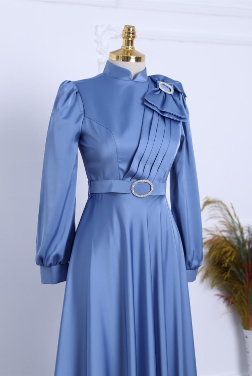 Broşlu Bow stony Arched Satin Evening Dress -Blue