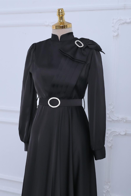 Broşlu Bow stony Arched Satin Evening Dress -Black