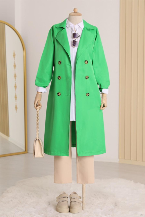 Double Button Arched Long Trenckot -Green