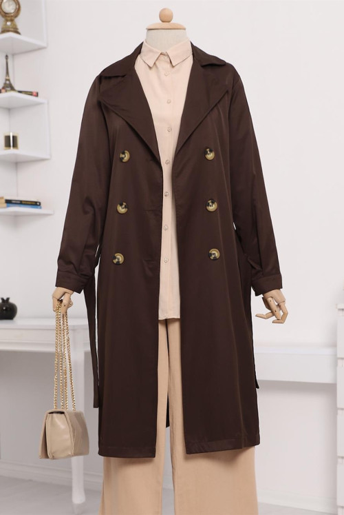 Double Button Arched Long Trenckot -Brown