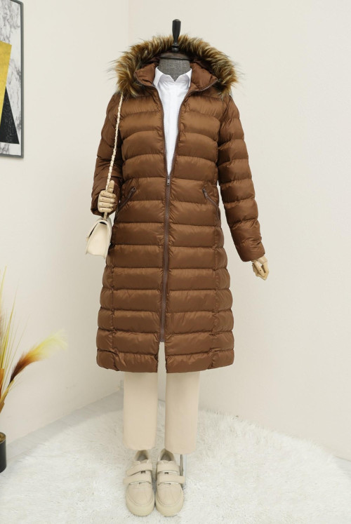 Çıkma Hooded Furry Inflatable Coat -Brown