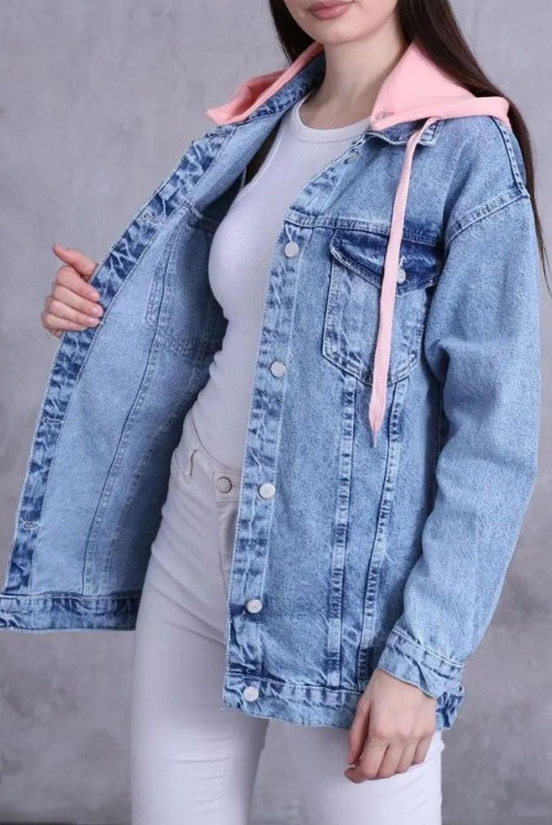 Çıkma Penye Hooded Button Jeans Jacket -Salmon