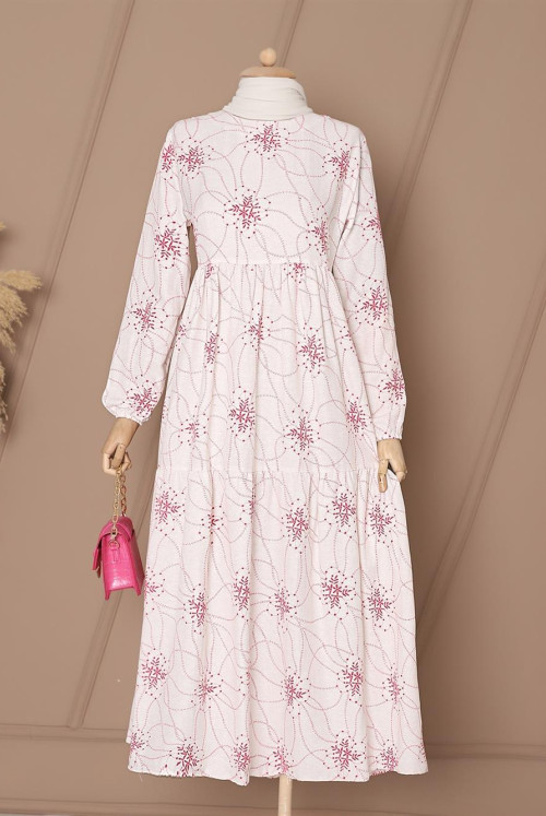 Patterned pieced arm Elastic Linen Dress -Hot pink