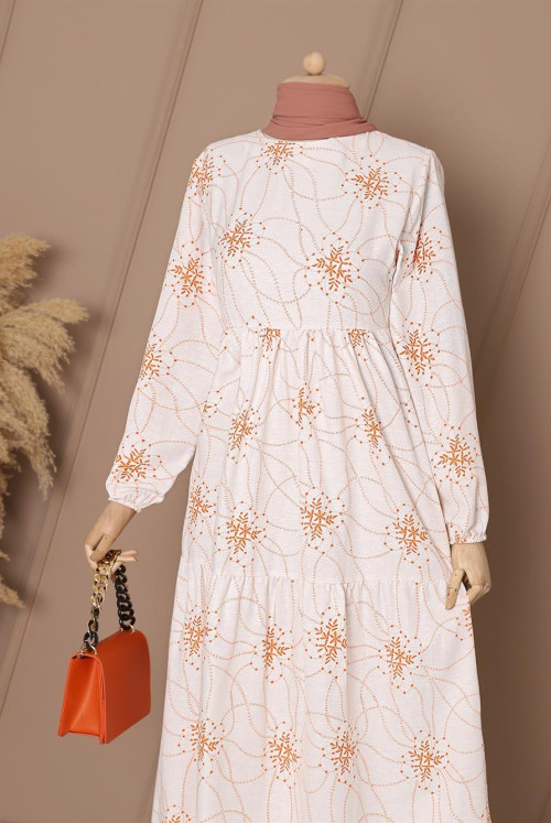 Patterned pieced arm Elastic Linen Dress -Orange