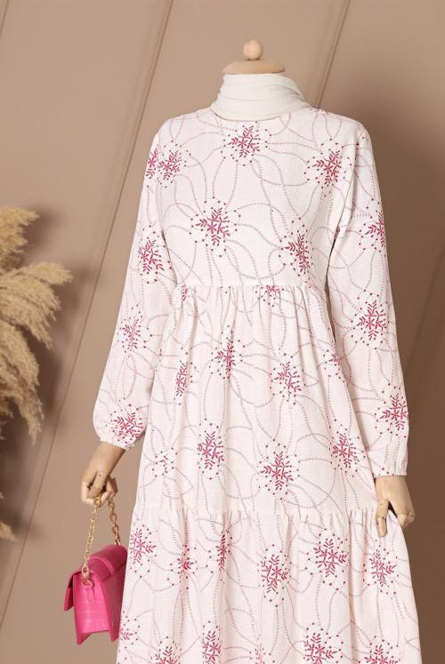Patterned pieced arm Elastic Linen Dress -Hot pink