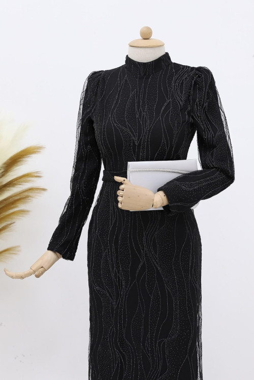 Patterned Simli Belt Detailed Tulle Evening Dress  -Black