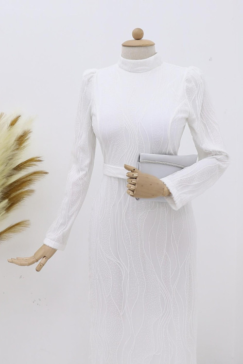 Patterned Simli Belt Detailed Tulle Evening Dress  -White
