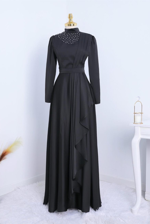 Dik Collar Serpme stony Satin Evening Dress -Black