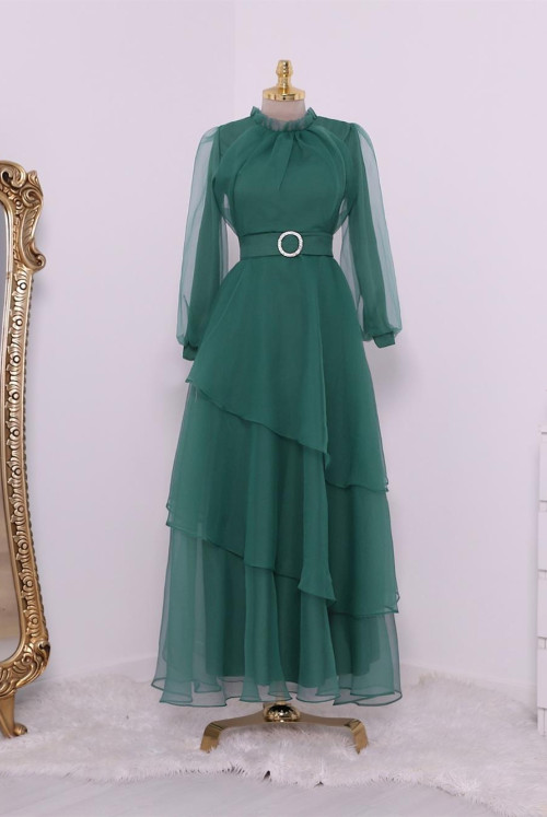 skirt Asymmetric Katlı Yakası Frilly Tulle Evening Dress -Green