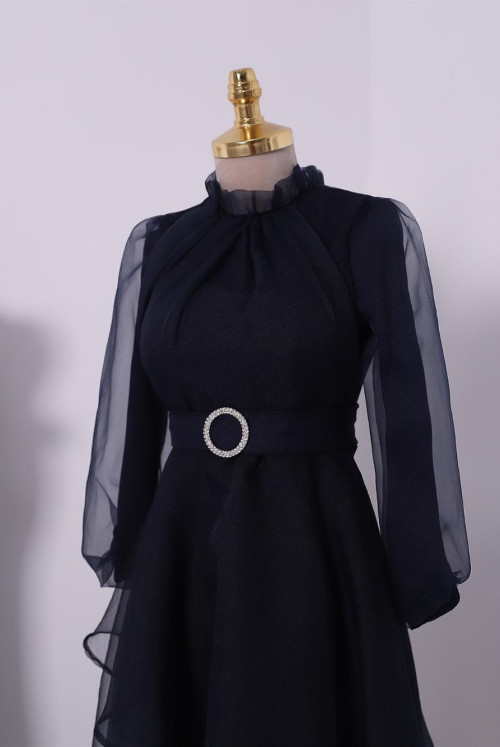 skirt Asymmetric Katlı Yakası Frilly Tulle Evening Dress -Laci