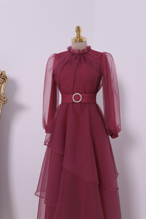 skirt Asymmetric Katlı Yakası Frilly Tulle Evening Dress -Pink