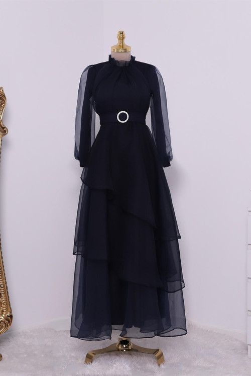 skirt Asymmetric Katlı Yakası Frilly Tulle Evening Dress -Laci