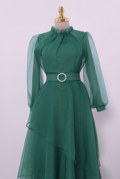 skirt Asymmetric Katlı Yakası Frilly Tulle Evening Dress -Green