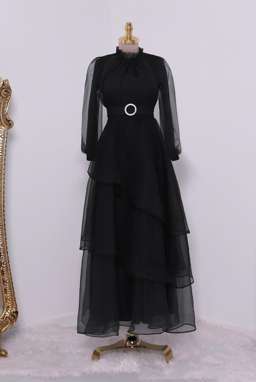 skirt Asymmetric Katlı Yakası Frilly Tulle Evening Dress -Black