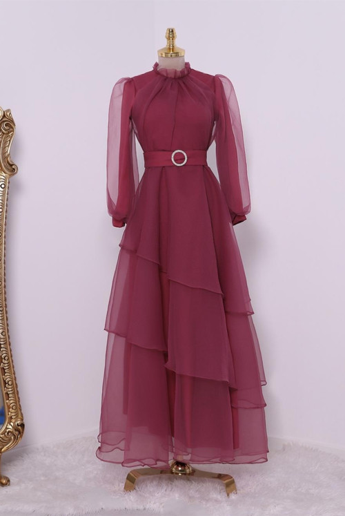 skirt Asymmetric Katlı Yakası Frilly Tulle Evening Dress -Pink