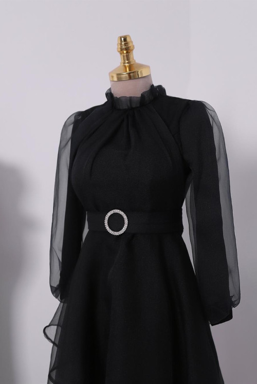 skirt Asymmetric Katlı Yakası Frilly Tulle Evening Dress -Black
