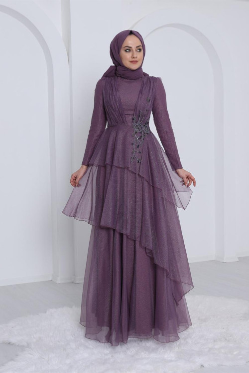 skirt Asymmetric Kesim Kat Kat Simli Evening Dress -Lila
