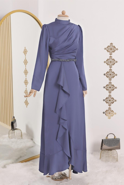 skirt Frilly waisted stony Judge Collar Satin Evening Dress  -Blue