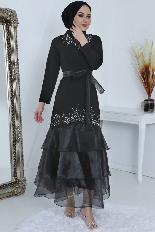 skirt Kat Kat İncili Stone Detailed Arched Dress -Black