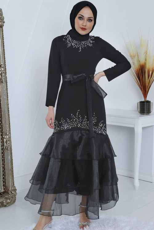 skirt Kat Kat İncili Stone Detailed Arched Dress -Black