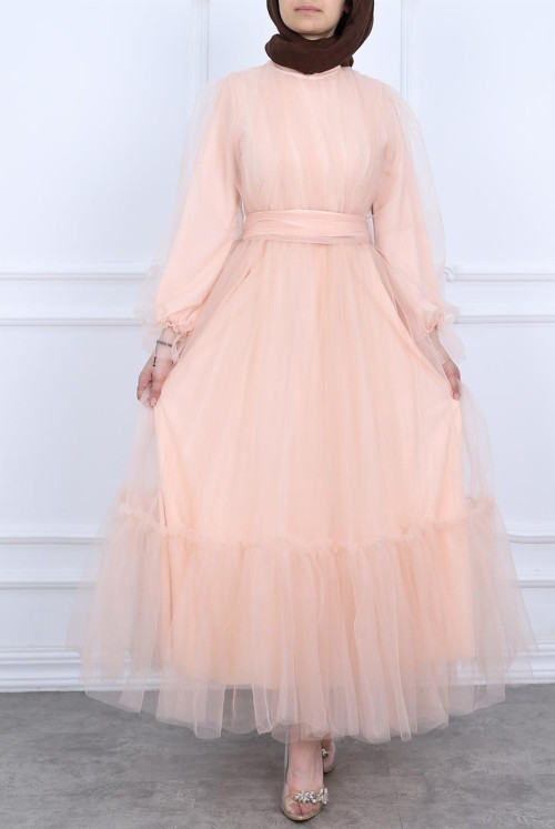 skirt pieced waisted Belted Tulle Evening Dress   -Salmon