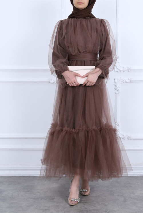 skirt pieced waisted Belted Tulle Evening Dress  -Soil