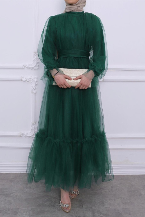 skirt pieced waisted Belted Tulle Evening Dress  -Emerald