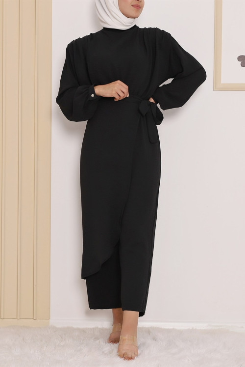 Skirt Detailed Vatkalı Ayrobin Overalls -Black