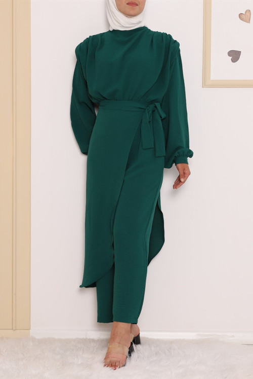 Skirt Detailed Vatkalı Ayrobin Overalls -Emerald