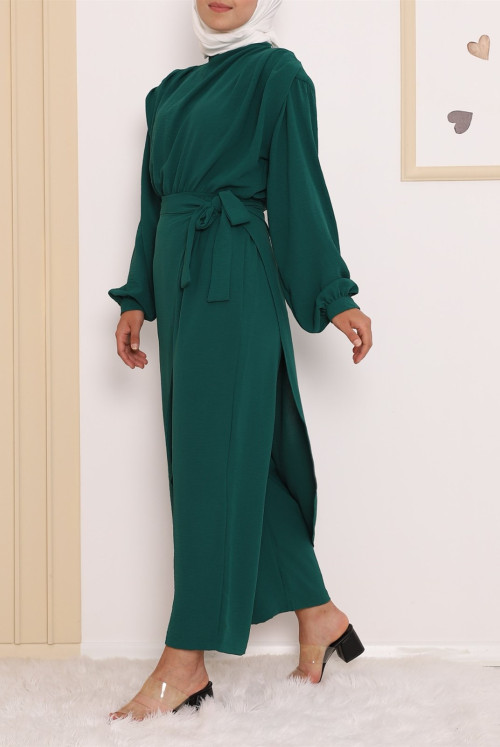 Skirt Detailed Vatkalı Ayrobin Overalls -Emerald