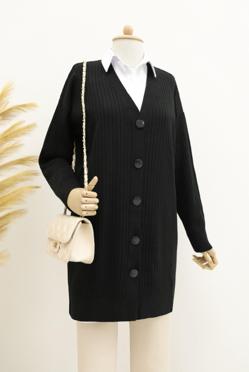 Fitilli Button Long Knitwear Cardigan -Black