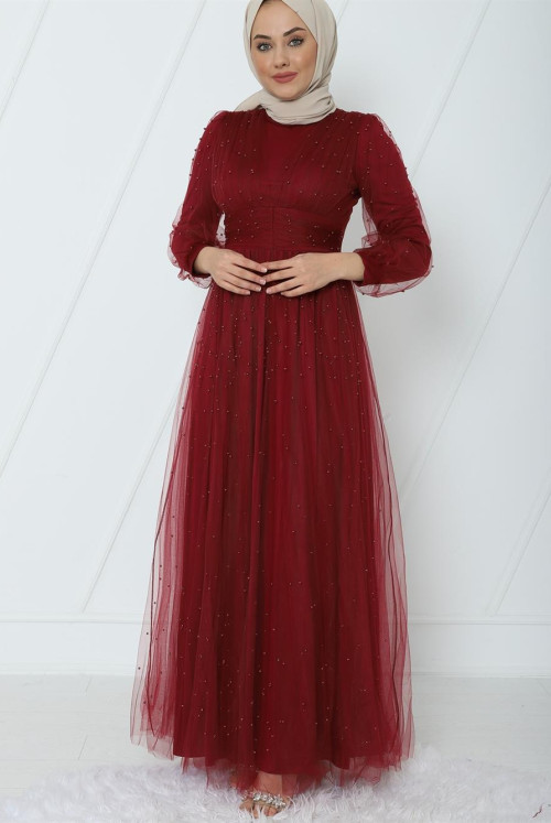 Judge Collar İncili Tulle Evening Dress -Claret Red
