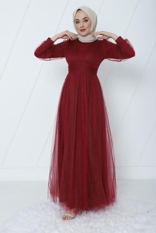 Judge Collar İncili Tulle Evening Dress -Claret Red