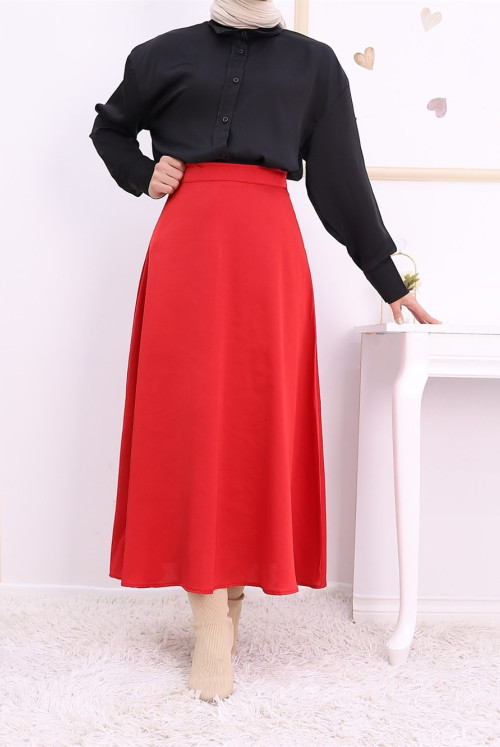 Inside Lined Satin flared Skirt -Red