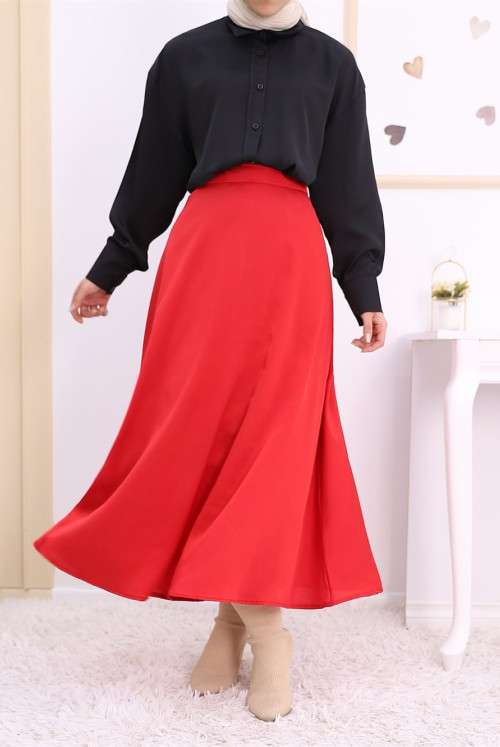 Inside Lined Satin flared Skirt -Red