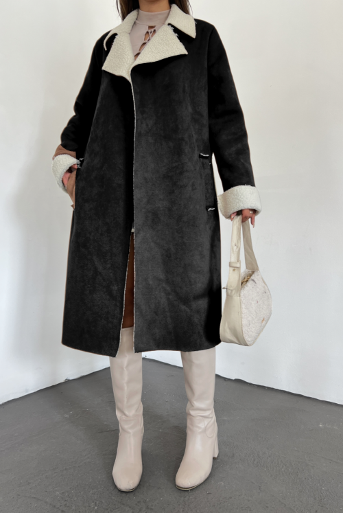 Inside Furry Arched Suede  Coat -Black