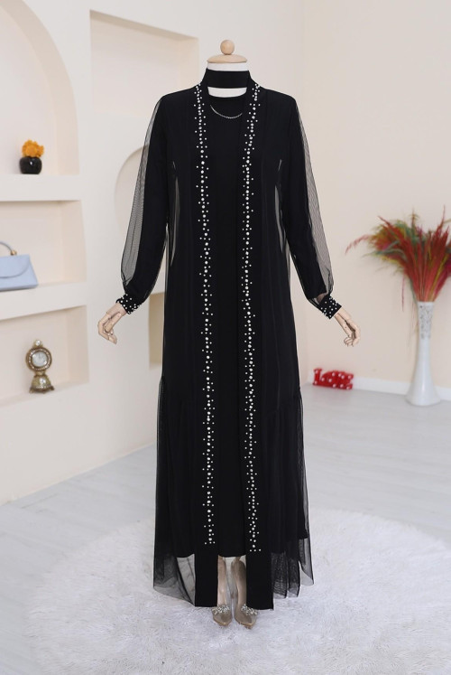 İncili stony Binary Abaya Suit -Black