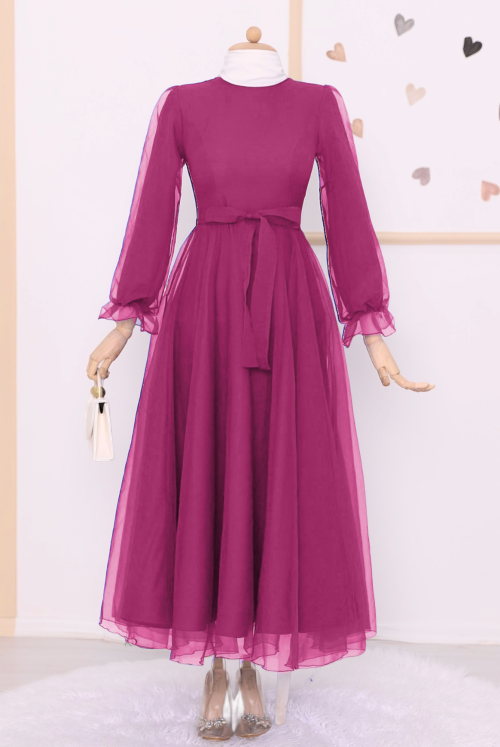 Kabarık Arm and Etekli Belted Tulle Evening Dress   -Hot pink