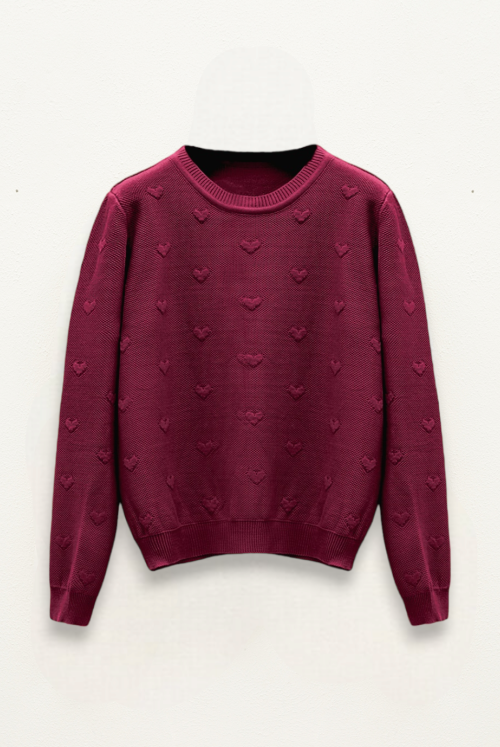 Heart Detailed File Patterned Knitwear Sweater -Claret Red