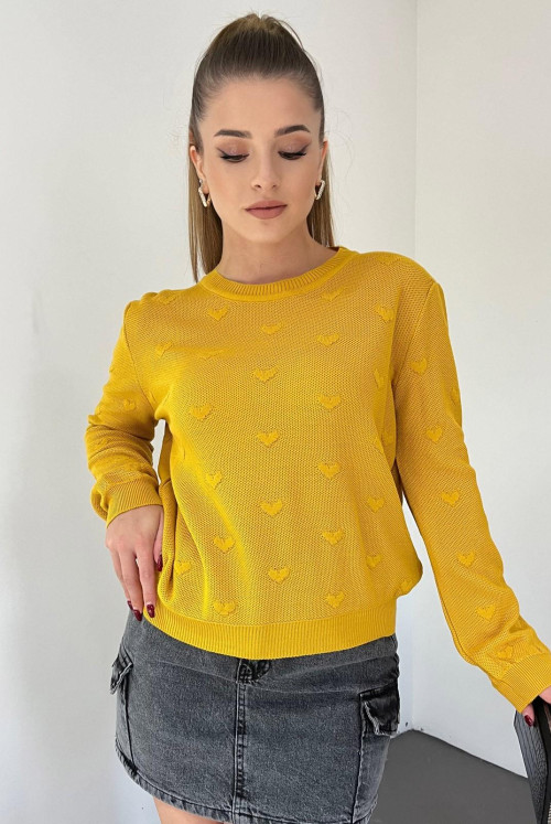 Heart Detailed File Patterned Knitwear Sweater -Mustard