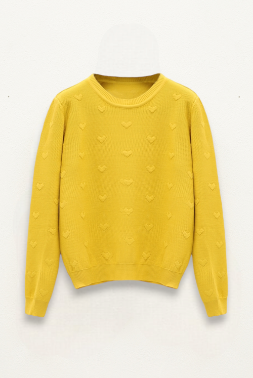 Heart Detailed File Patterned Knitwear Sweater -Mustard