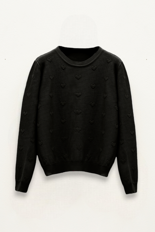 Heart Detailed File Patterned Knitwear Sweater -Black