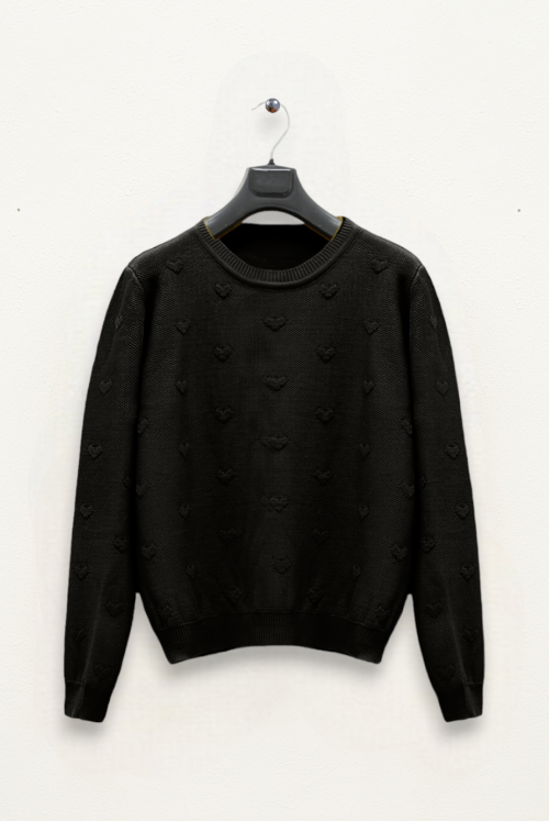 Heart Detailed File Patterned Knitwear Sweater -Black